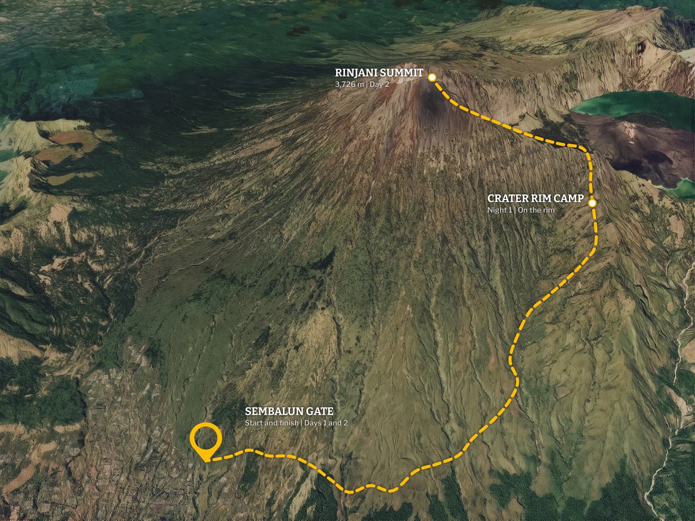 Route map: up from Sembalun to the summit and back down the same way