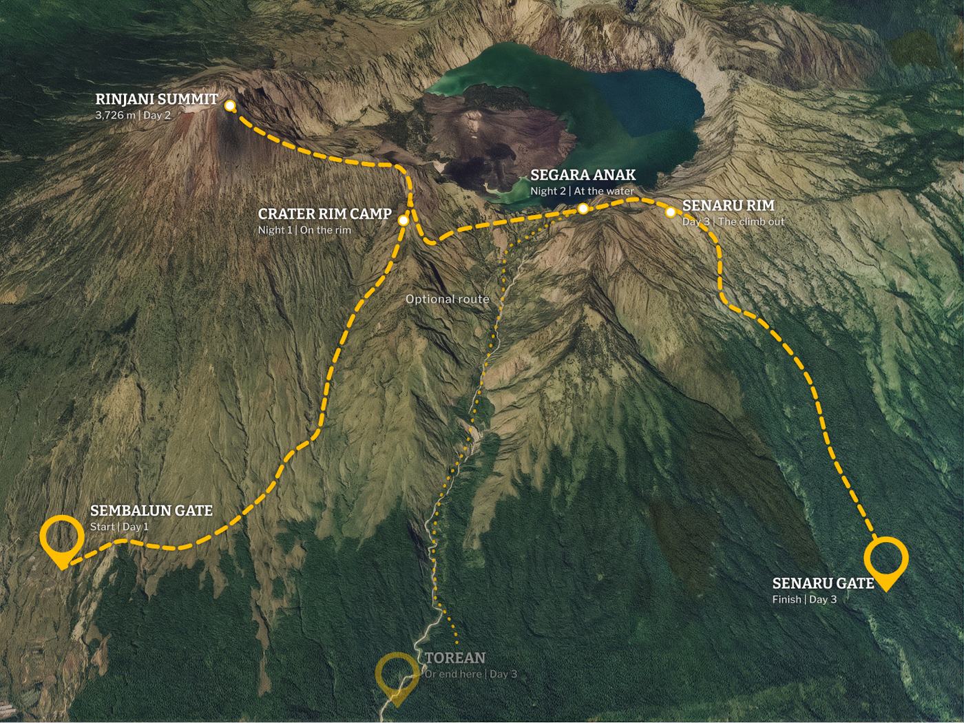 Route map: up from Sembalun, over the summit, a night at Segara Anak lake and out at Senaru