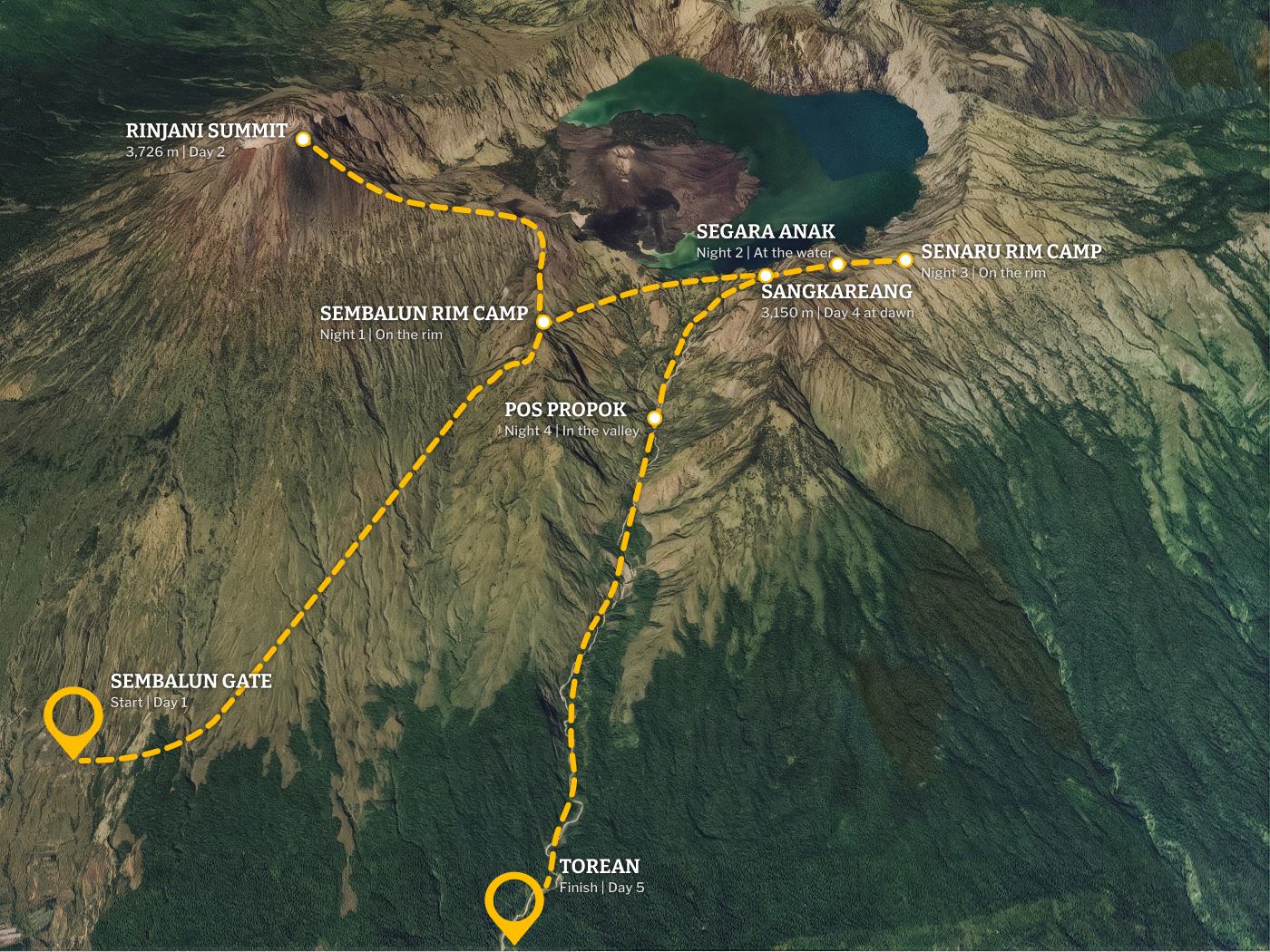 Route map: up from Sembalun over both summits, past the lake and out through the Torean valley
